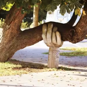 Arbre soutenu par une sculpture en forme de main géante - soutien sarah
